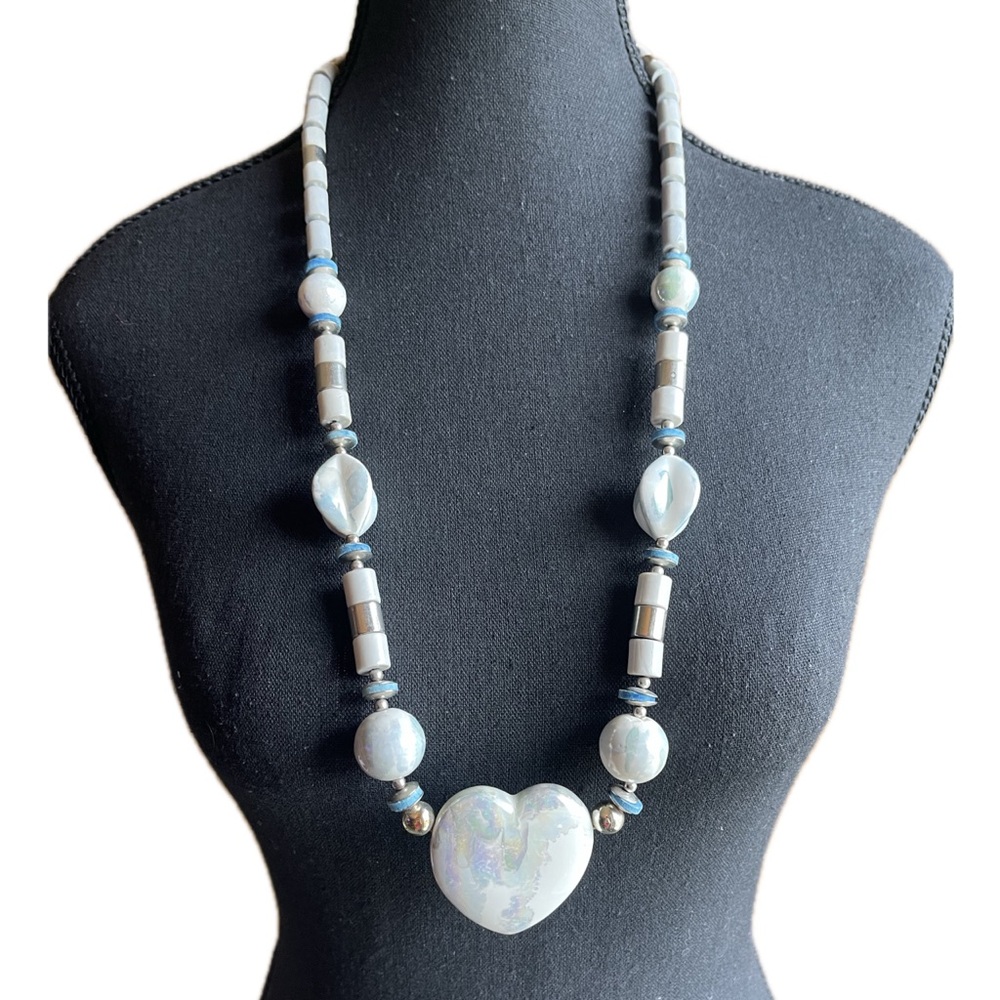 Vintage 80s Artisan Iridescent Ceramic Heart White Blue Bead Statement Necklace